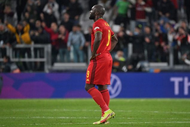 Belgium's Romelu Lukaku looks dejected during a soccer game between Belgian national team Red Devils and France, the semi-finals of the Nations League, in Torino, Italy, on Thursday 07 October 2021. BELGA PHOTO DIRK WAEM