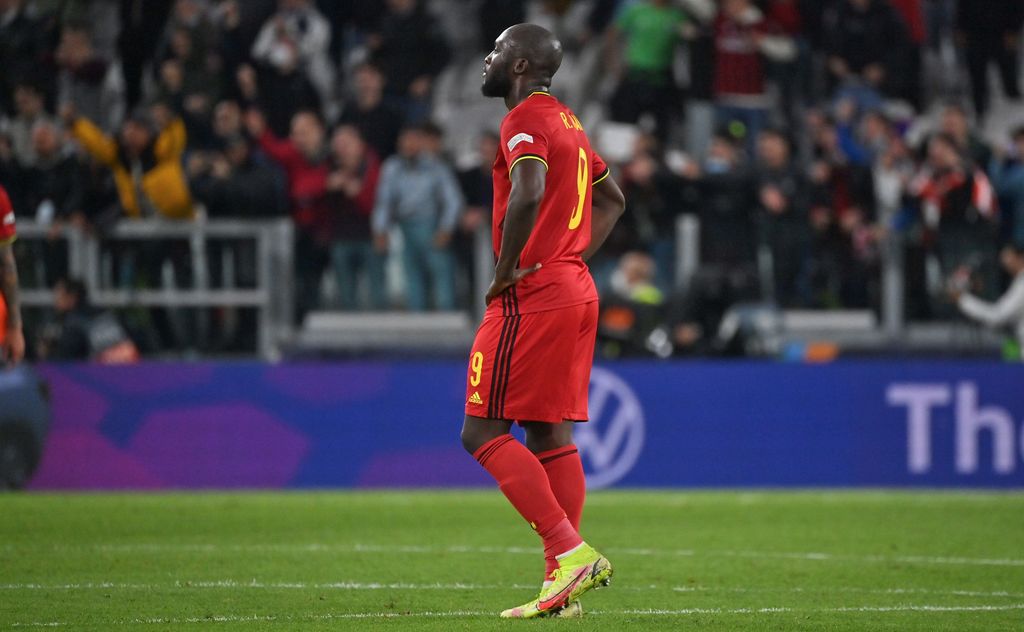 Belgium's Romelu Lukaku looks dejected during a soccer game between Belgian national team Red Devils and France, the semi-finals of the Nations League, in Torino, Italy, on Thursday 07 October 2021. BELGA PHOTO DIRK WAEM