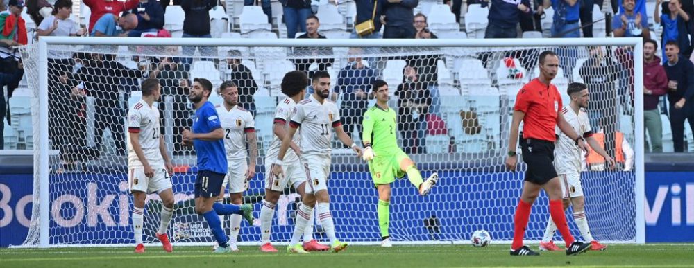 Belgium's goalkeeper Thibaut Courtois pictured during a soccer game between Belgian national team Red Devils and Italy, the Nations League third-place play-off, in Torino, Italy, on Sunday 10 October 2021. BELGA PHOTO DIRK WAEM