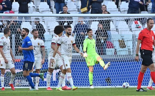Belgium's goalkeeper Thibaut Courtois pictured during a soccer game between Belgian national team Red Devils and Italy, the Nations League third-place play-off, in Torino, Italy, on Sunday 10 October 2021. BELGA PHOTO DIRK WAEM