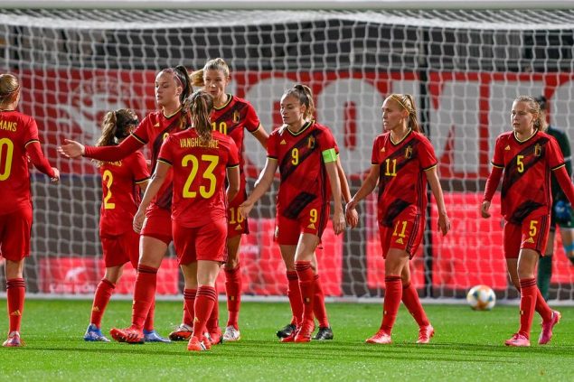 Belgian players celebrating after scoring during a soccer game between Belgium's national team the Red Flames and Kosovo, Thursday 21 October 2021 in Heverlee, the third game in group F of the qualifications group stage for the 2023 World Cup. BELGA PHOTO DAVID CATRY