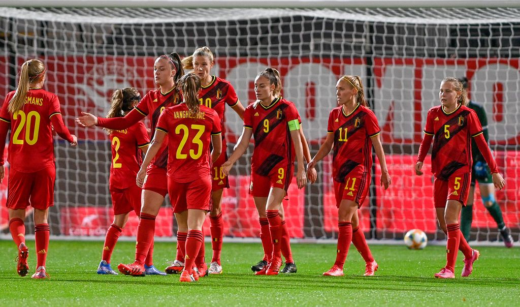 Belgian players celebrating after scoring during a soccer game between Belgium's national team the Red Flames and Kosovo, Thursday 21 October 2021 in Heverlee, the third game in group F of the qualifications group stage for the 2023 World Cup. BELGA PHOTO DAVID CATRY