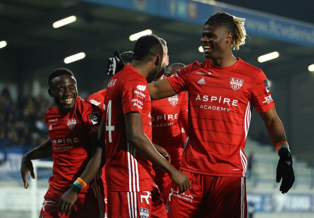 Eupen's players celebrates after scoring during a soccer game between D1 Amateur club Dender EH and JPL club KAS Eupen, Wednesday 27 October 2021 in Denderleeuw, in the round of 32 of the 'Croky Cup' Belgian soccer cup. BELGA PHOTO DAVID PINTENS