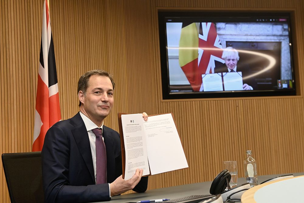 Alexander De Croo und Boris Johnson beim gemeinsamen Videomeeting (Bild: Didier Lebrun/Belga)