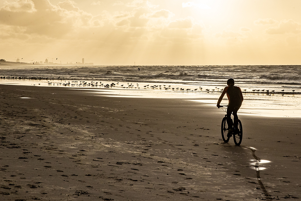 Fahrradfahrer am Strand von Wenduine (Bild: Kurt Desplenter/Belga)