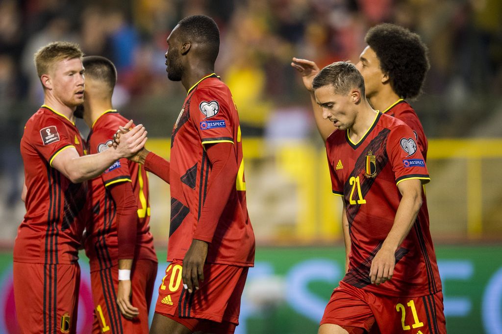 Belgium's Christian Benteke celebrates with Kevin De Bruyne after scoring during a soccer match between Belgian national team the Red Devils and Estonia's national team, in Brussels, Saturday 13 November 2021, game 7 in group E of the qualifications for the 2022 FIFA World Cup. BELGA PHOTO JASPER JACOBS