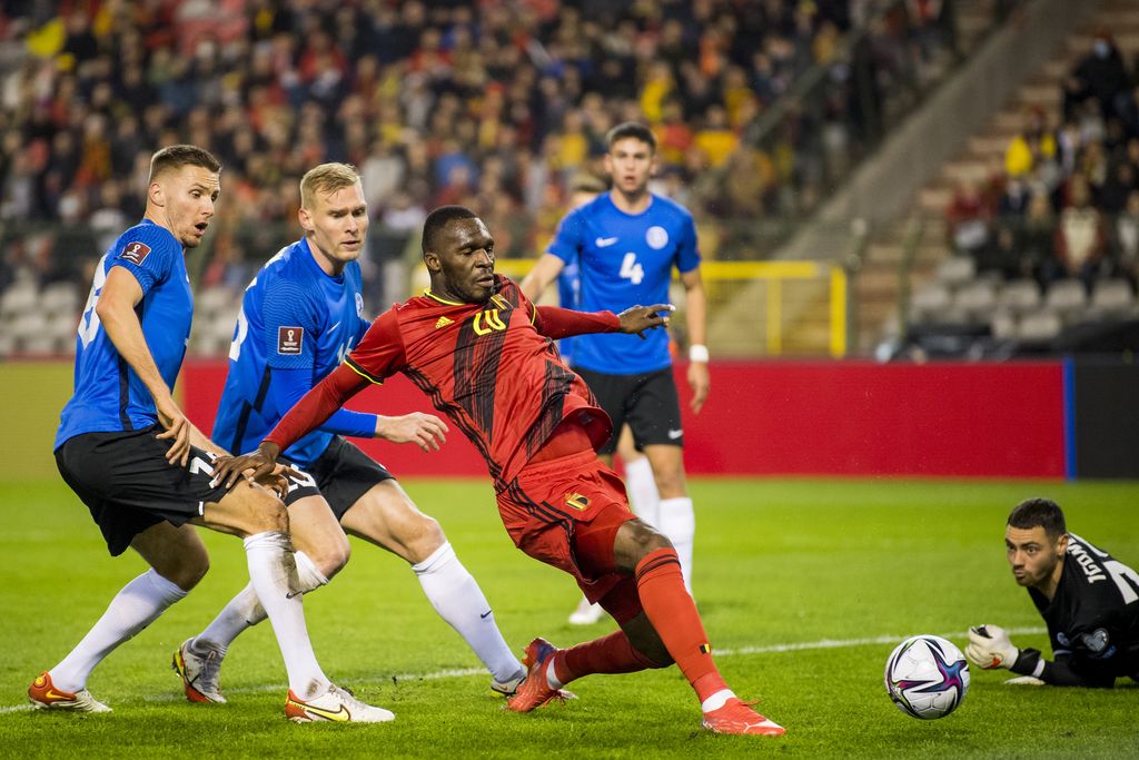 Belgium's Christian Benteke scores the 1-0 goal during a soccer match between Belgian national team the Red Devils and Estonia's national team, in Brussels, Saturday 13 November 2021, game 7 in group E of the qualifications for the 2022 FIFA World Cup. BELGA PHOTO JASPER JACOBS