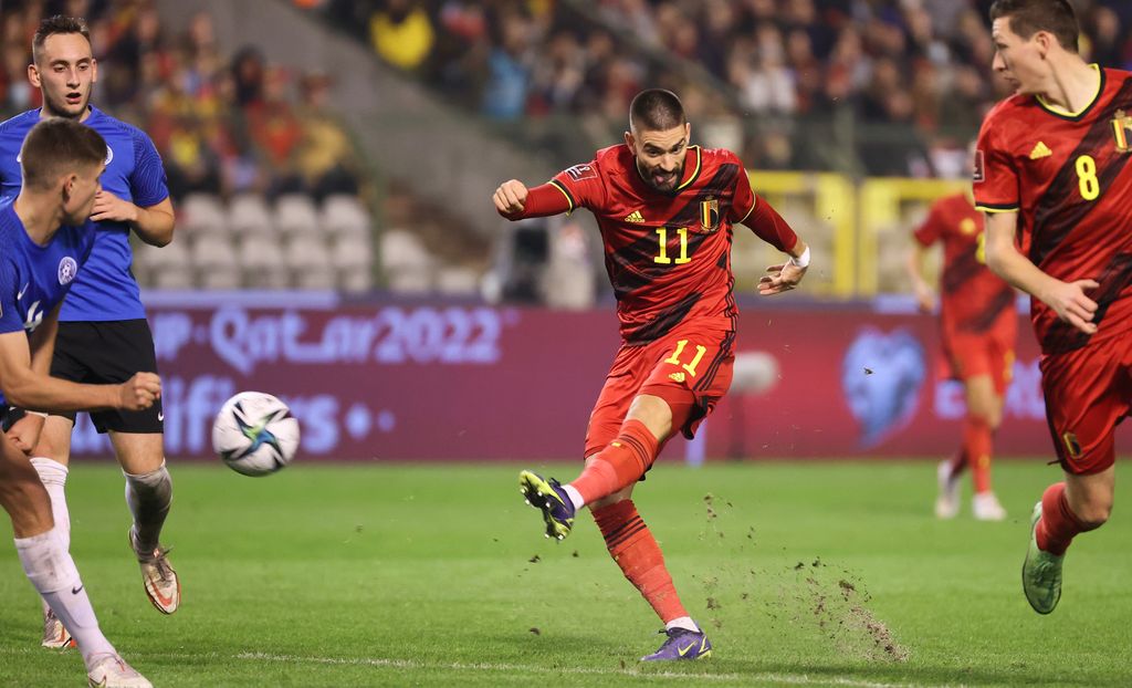Belgium's Yannick Carrasco scoring the 2-0 goal during a soccer match between Belgian national team the Red Devils and Estonia's national team, in Brussels, Saturday 13 November 2021, game 7 in group E of the qualifications for the 2022 FIFA World Cup. BELGA PHOTO VIRGINIE LEFOUR