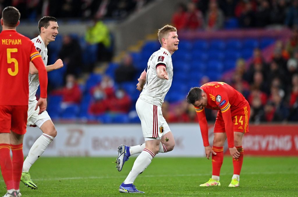 Belgium's Kevin De Bruyne celebrates after scoring during a soccer match between the Welsh national soccer team and Belgian national team the Red Devils, in Cardiff, Tuesday 16 November 2021, game 8 in group E of the qualifications for the 2022 FIFA World Cup. BELGA PHOTO DIRK WAEM