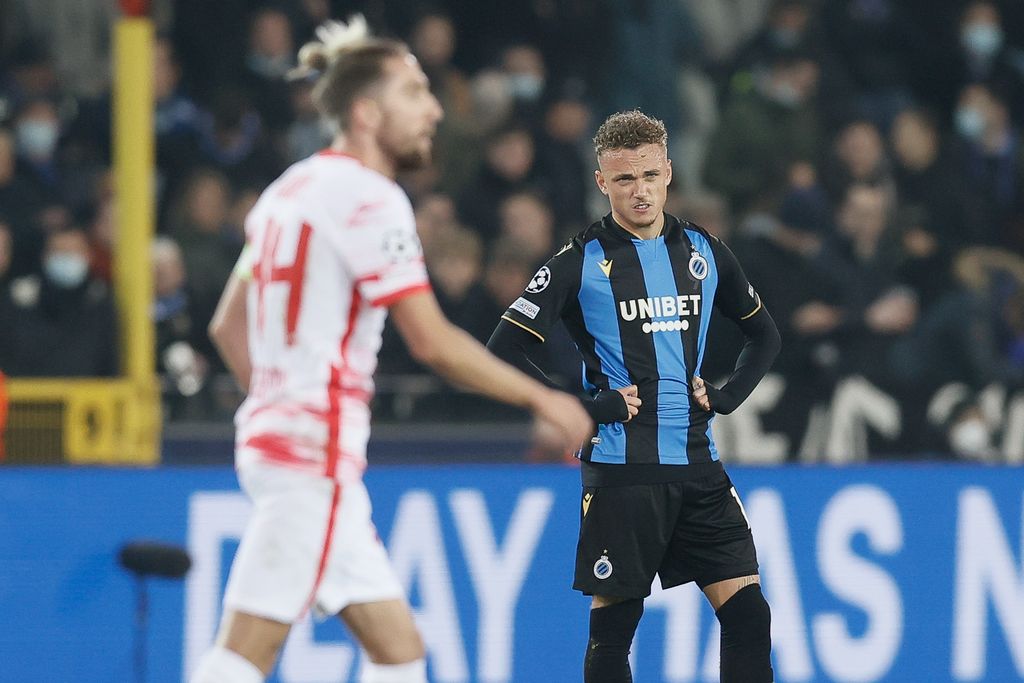 Club's Noa Lang looks dejected during a game between Belgian soccer team Club Brugge and German club RB Leipzig, Wednesday 24 November 2021, in Brugge, a Champions League game, the fifth (out of six) in the Group A of the UEFA Champions League group stage. BELGA PHOTO BRUNO FAHY