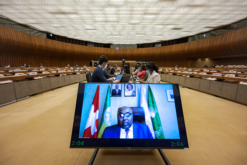Der äthiopische UN-Botschafter Zenebe Kebede ist bei der Sondersitzung per Videoscreen zugeschaltet gewesen (Bild: Fabrice Coffrini/AFP)