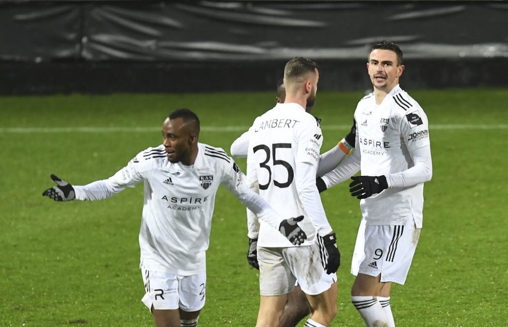 Eupen's Smail Prevljak celebrates after scoring during a soccer game between KAS Eupen and SV Zulte Waregem, Wednesday 01 December 2021 in Eupen, in the round of 16 of the 'Croky Cup' Belgian soccer cup. BELGA PHOTO JOHN THYS