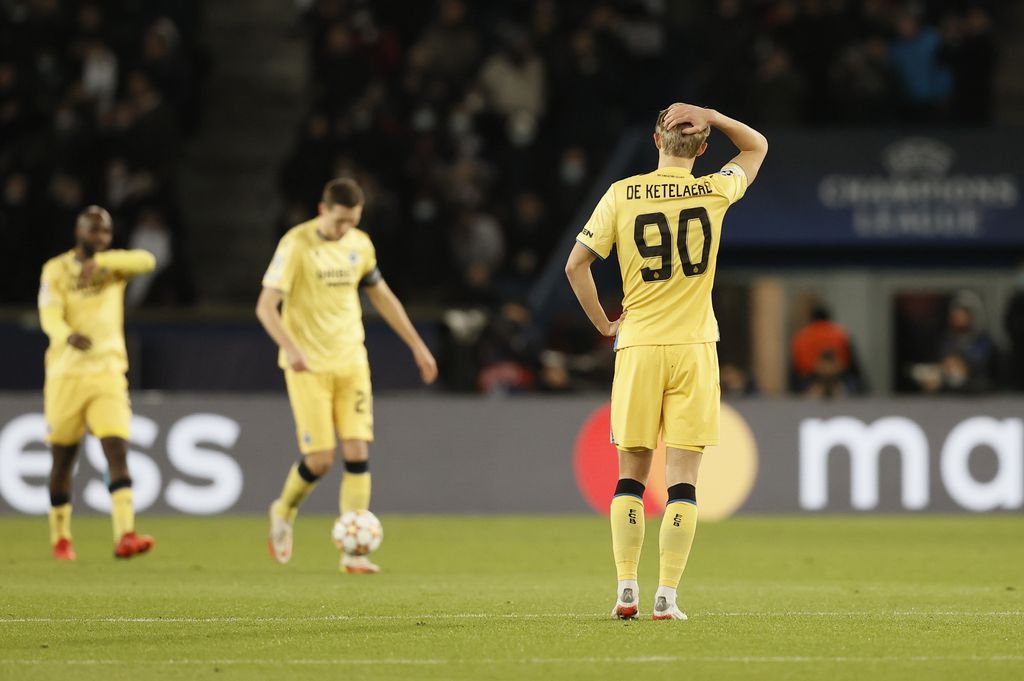 Club's Charles De Ketelaere reacts during a soccer game between French club Paris Saint-Germain and Belgian team Club Brugge KSV, Tuesday 07 December 2021 in Paris, sixth and last match in the group stage of the UEFA Champions League, in Group A. BELGA PHOTO BRUNO FAHY