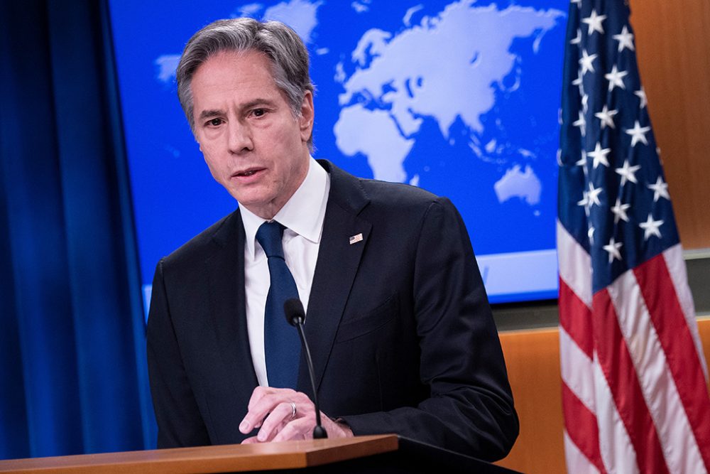 US-Außenminister Antony Blinken beim Briefing zur Haltung der USA in der Ukraine-Krise (Bild: Brendan Smialowski/AFP)