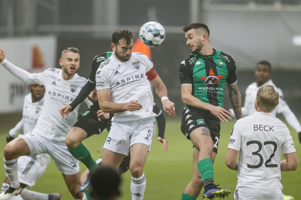 Eupen's Jordi Amat and Cercle's Olivier Deman fight for the ball during a soccer match between KAS Eupen and Cercle Brugge, Sunday 16 January 2022 in Eupen, on day 22 of the 2021-2022 'Jupiler Pro League' first division of the Belgian championship. BELGA PHOTO BRUNO FAHY