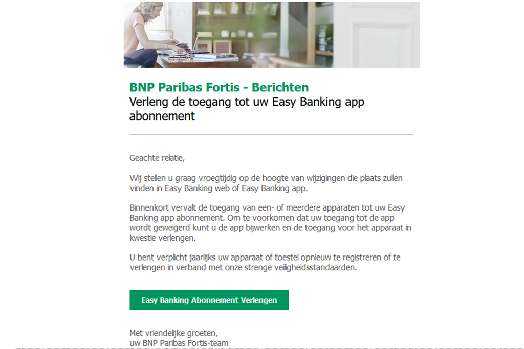 Beispiel einer Phishingmail, die angeblich von der Bank BNP Paribas Fortis stammt