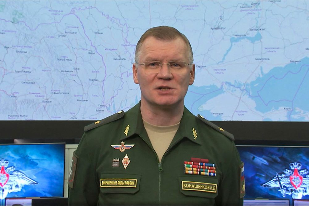 Igor Konashenkov, Sprecher des russischen Verteidigungsministeriums, bei einem Briefing (Bild: AFP Photo/Russian Defence Ministry)