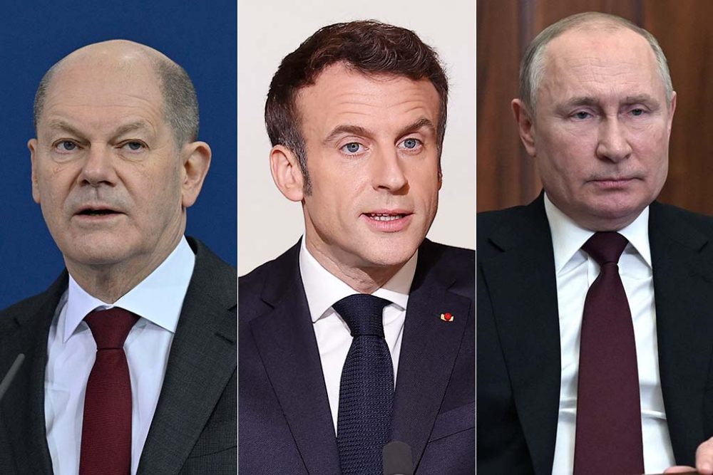 Olaf Scholz, Emmanuel Macron und Wladimir Putin (Bilder: John MacDougall/IanLangsdon/AlexeyNikolsky/Sputnik/AFP)