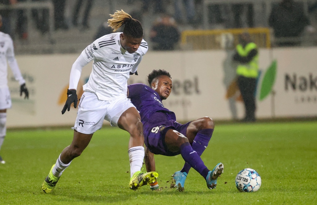 Eupen's Emmanuel Agbadou and Anderlecht's Christian Kouame fight for the ball during a soccer game between KAS Eupen and RSC Anderlecht, Thursday 03 February 2022 in Eupen, the first in the semi final of the 'Croky Cup' Belgian soccer cup. BELGA PHOTO VIRGINIE LEFOUR
