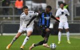 Eupen's Stef Peeters and Club's Clinton Mata fight for the ball during a soccer match between KAS Eupen and Club Brugge KV, Sunday 20 February 2022 in Eupen, on day 28 of the 2021-2022 'Jupiler Pro League' first division of the Belgian championship. BELGA PHOTO JOHN THYS