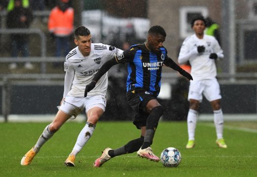 Eupen's Stef Peeters and Club's Clinton Mata fight for the ball during a soccer match between KAS Eupen and Club Brugge KV, Sunday 20 February 2022 in Eupen, on day 28 of the 2021-2022 'Jupiler Pro League' first division of the Belgian championship. BELGA PHOTO JOHN THYS