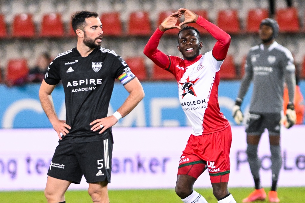 Essevee's Jean-Luc Dompe celebrates after scoring during a soccer match between SV Zulte-Waregem and KAS Eupen, Saturday 12 March 2022 in Waregem, on day 31 of the 2021-2022 'Jupiler Pro League' first division of the Belgian championship. BELGA PHOTO LAURIE DIEFFEMBACQ