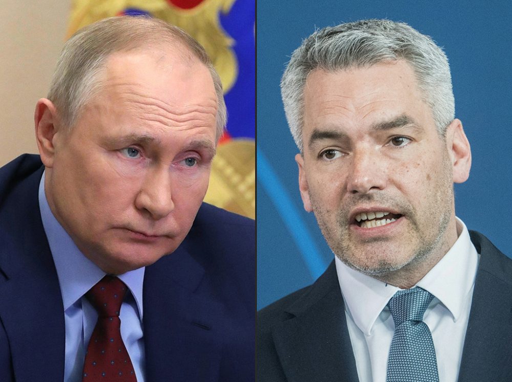 Russlands Präsident Wladimir Putin und Österreichs Kanzler Karl Nehammer (Bild: Mikhail Klimentyev/Stefanie Loos/Pool/Sputnik/AFP)