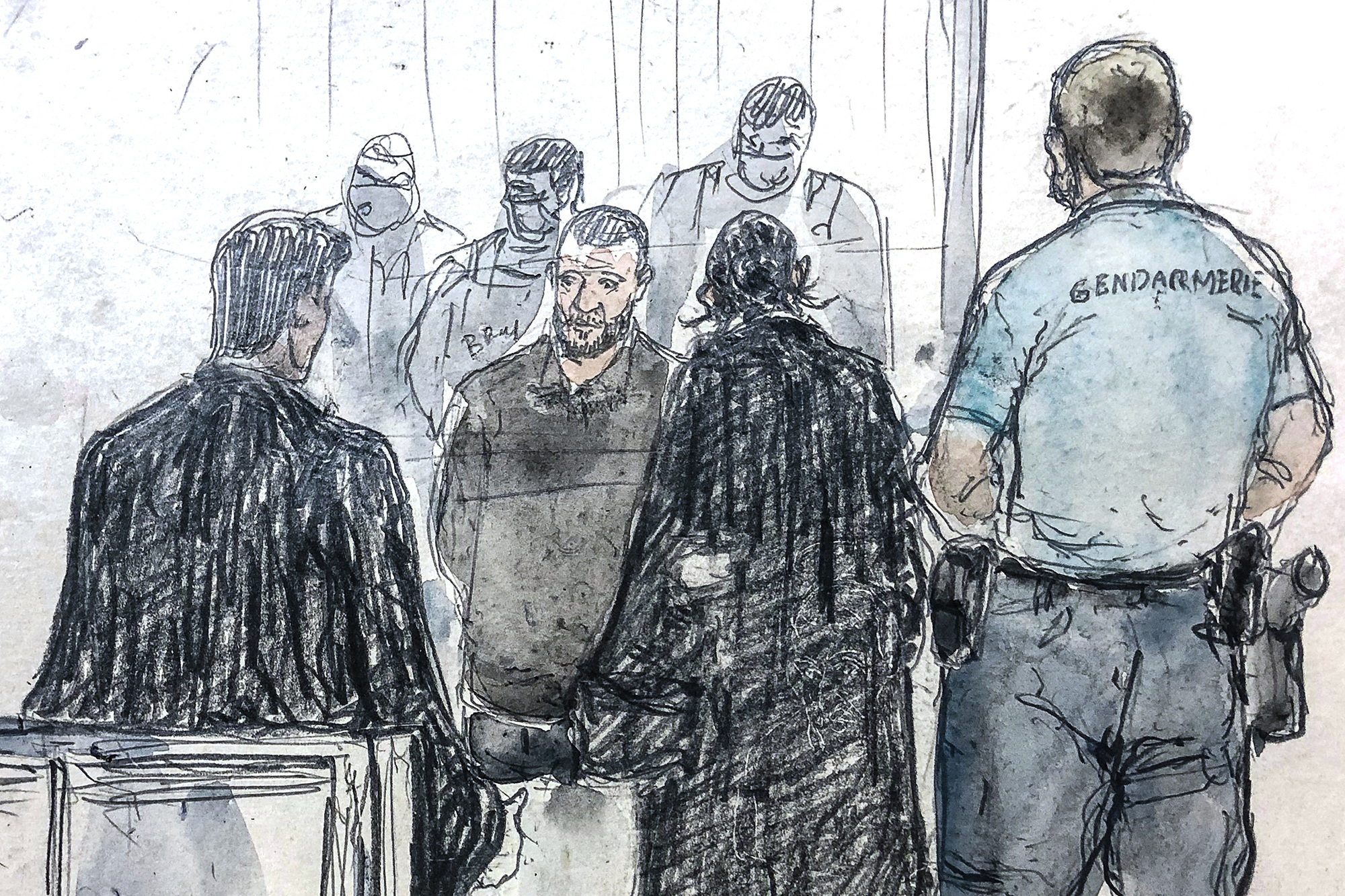 Gerichtsskizze von Salah Abdeslam vor Gericht am 29. Juni (Bild: Benoit Peyrucq/AFP)