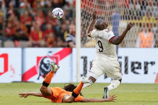 Netherlands' Nathan Ake and Belgium's Romelu Lukaku fight for the ball during a soccer game between Belgian national team the Red Devils and the Netherlands, Friday 03 June 2022 in Brussels, the first game (out of six) in the Nations League A group stage. BELGA PHOTO BRUNO FAHY