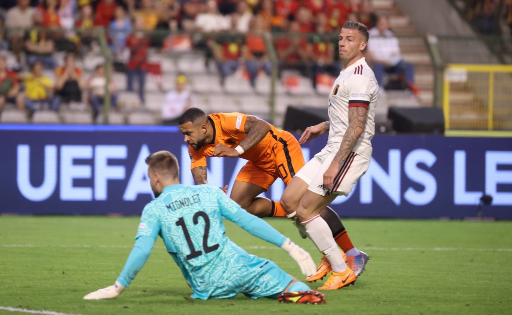 Netherlands' Memphis Depay scoring the 0-2 goal during a soccer game between Belgian national team the Red Devils and the Netherlands, Friday 03 June 2022 in Brussels, the first game (out of six) in the Nations League A group stage. BELGA PHOTO VIRGINIE LEFOUR