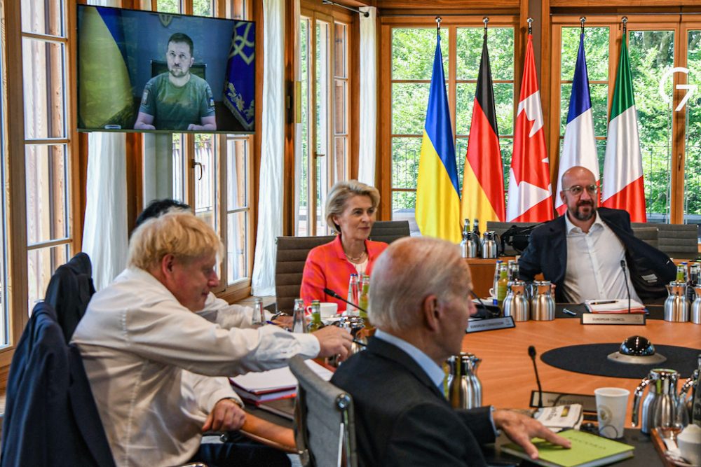 G7-Treffen in Deutschland: Bei dem Gipfel war auch der ukrainische Präsident Selenskyj per Video zugeschaltet (Bild: Kenny Holston/Pool/AFP)