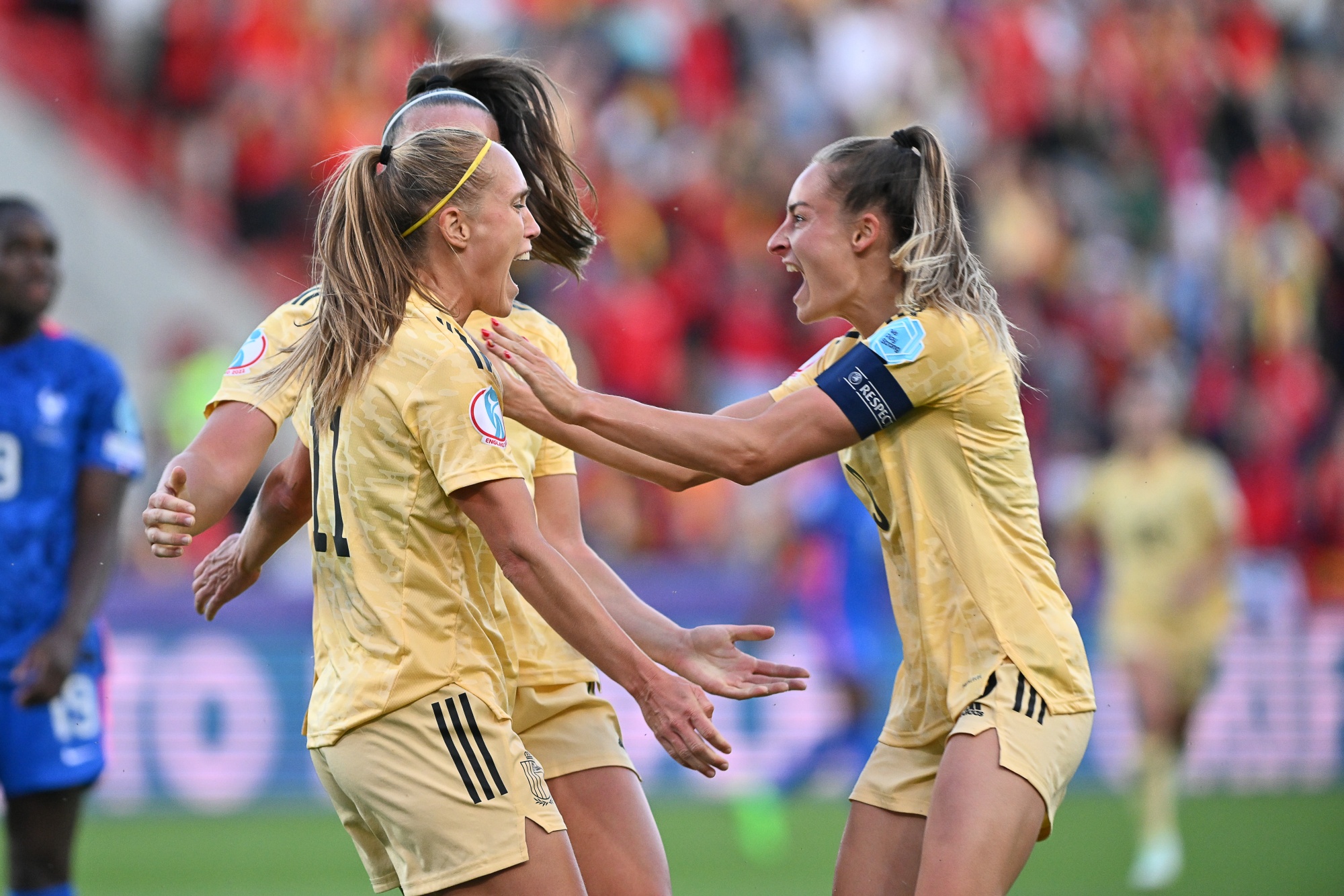 Belgium's Janice Cayman and Belgium's Tessa Wullaert celebrate after scoring during a game between Belgium's national women's soccer team the Red Flames and France, in Rotherham, England on Thursday 14 July 2022, second game in the group D at the Women's Euro 2022 tournament. The 2022 UEFA European Women's Football Championship is taking place from 6 to 31 July. BELGA PHOTO DAVID CATRY