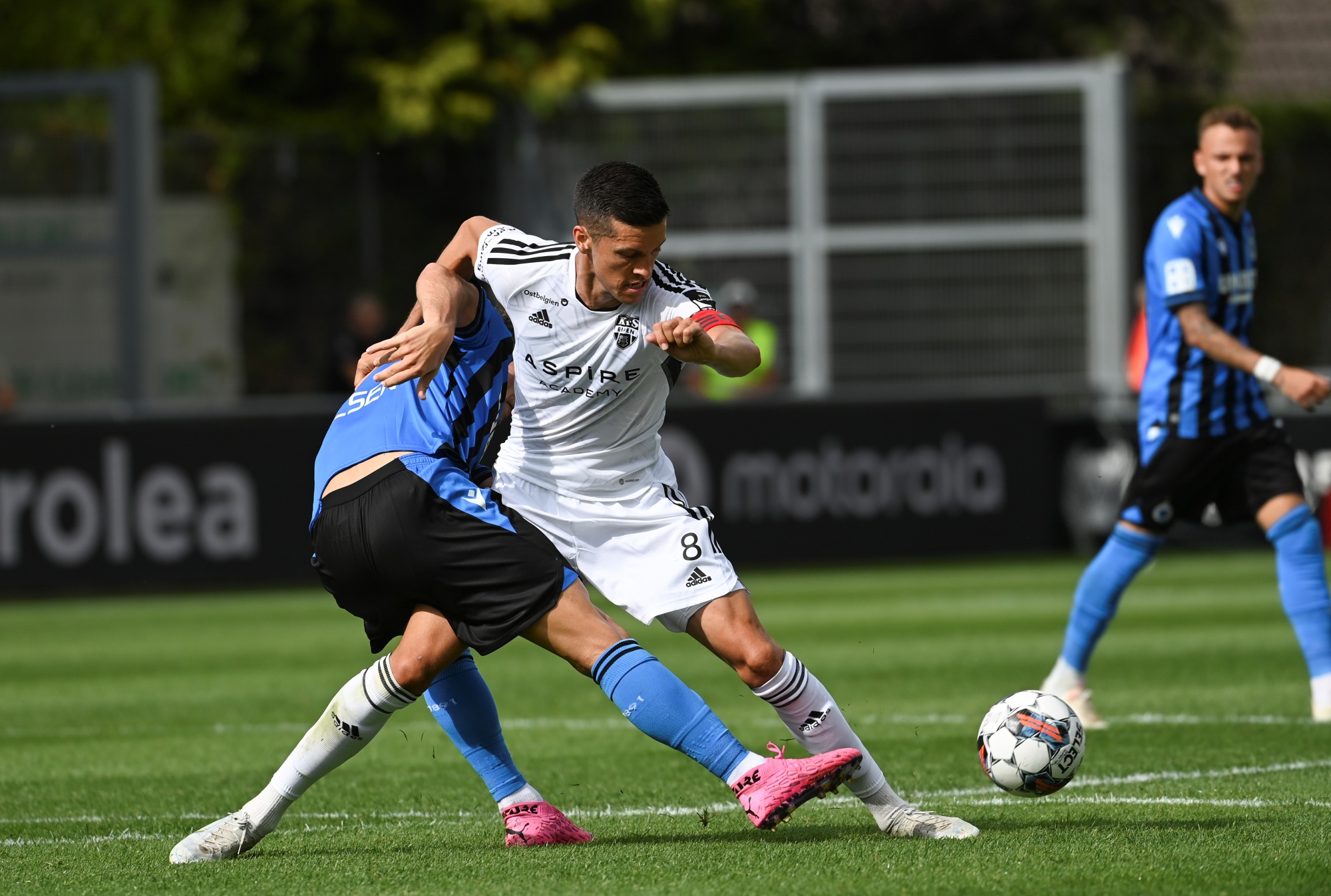 Club's Casper Nielsen and Eupen's Stef Peeters fight for the ball during a soccer match between KAS Eupen and Club Brugge KV, Sunday 31 July 2022 in Eupen, on day 2 of the 2022-2023 'Jupiler Pro League' first division of the Belgian championship. BELGA PHOTO JOHN THYS