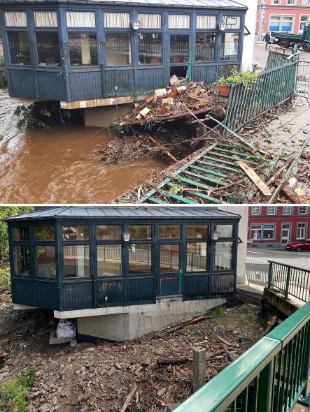 Eupener Unterstadt - am Tag des Hochwassers und ein Jahr danach (Bilder: Kurt Andres/Alain Kniebs/BRF)