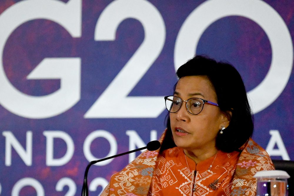 Indonesiens Finanzministerin Sri Mulyani Indrawati bei der Abschlusspressekonferenz (Bild: Sonny Tumbelaka/AFP)