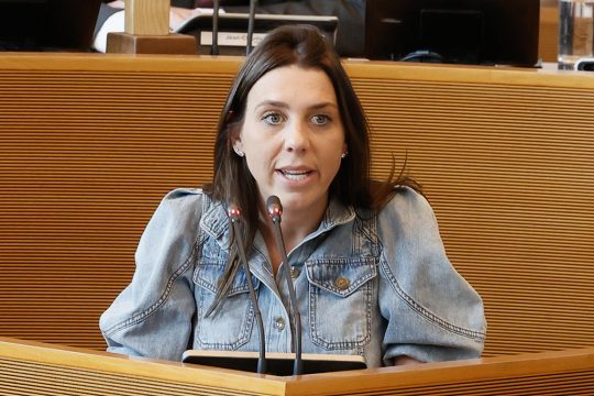 Christine Mauel am im April 2022 im wallonischen Parlament (Archivbild: Bruno Fahy/Belga)
