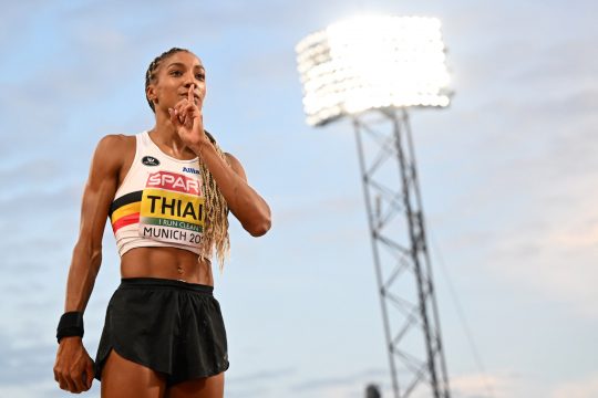 17 August 2022, Bavaria, Munich: European Championships, athletics, heptathlon, women, shot put at the Olympic Stadium, Nafissatou Thiam (Belgium) gestures. Photo: Sven Hoppe/dpa
