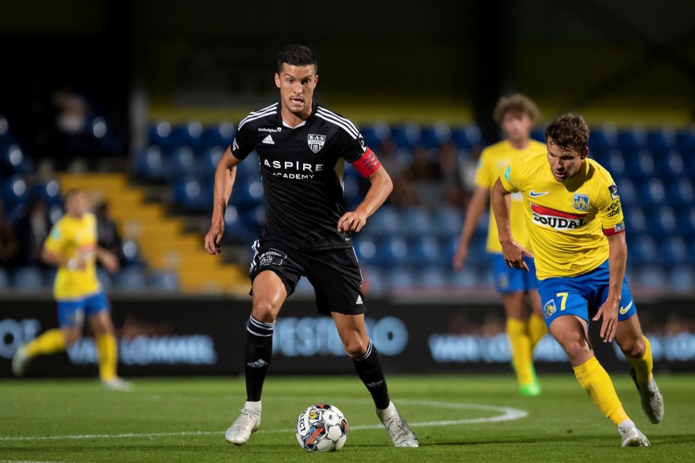 Eupen's Stef Peeters and Westerlo's Lukas Van Eeno pictured in action during a soccer match between KVC Westerlo and KAS Eupen, Sunday 28 August 2022 in Westerlo, on day 6 of the 2022-2023 'Jupiler Pro League' first division of the Belgian championship. BELGA PHOTO KRISTOF VAN ACCOM