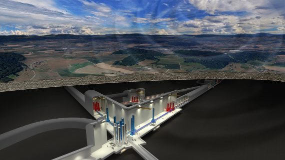 Das Simulationsbild zeigt das unterirdisch gelegene Einstein-Teleskop mit seinen Röhren tief unter der Erde