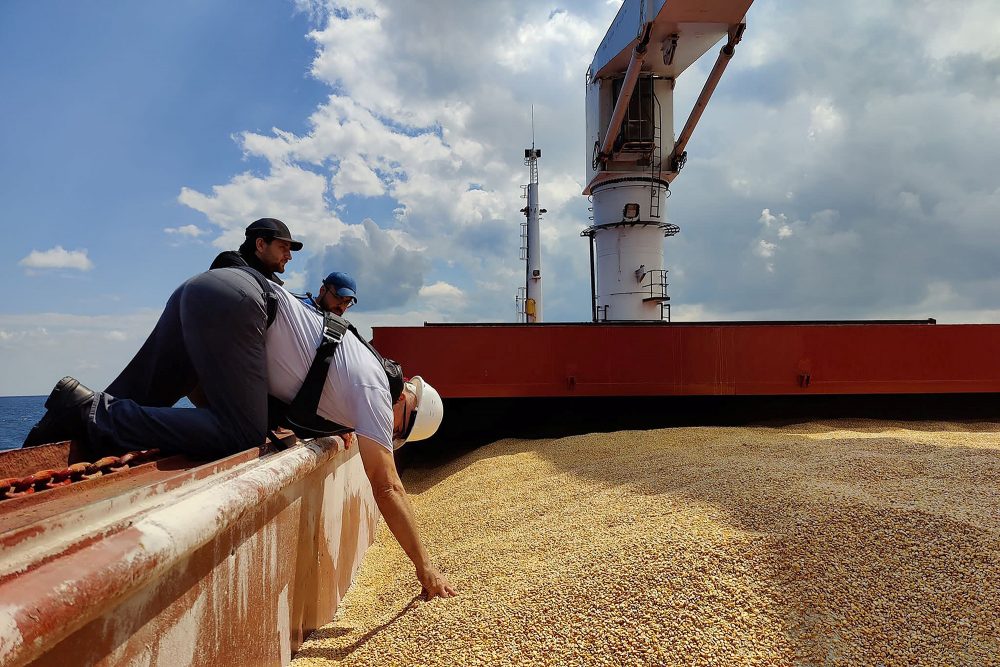 Inspektion eines Getreidefrachters, der vom ukrainischen Hafen Odessa aus ins türkische Istanbul gefahren ist (Bild: Turkish Defence Ministry/AFP)