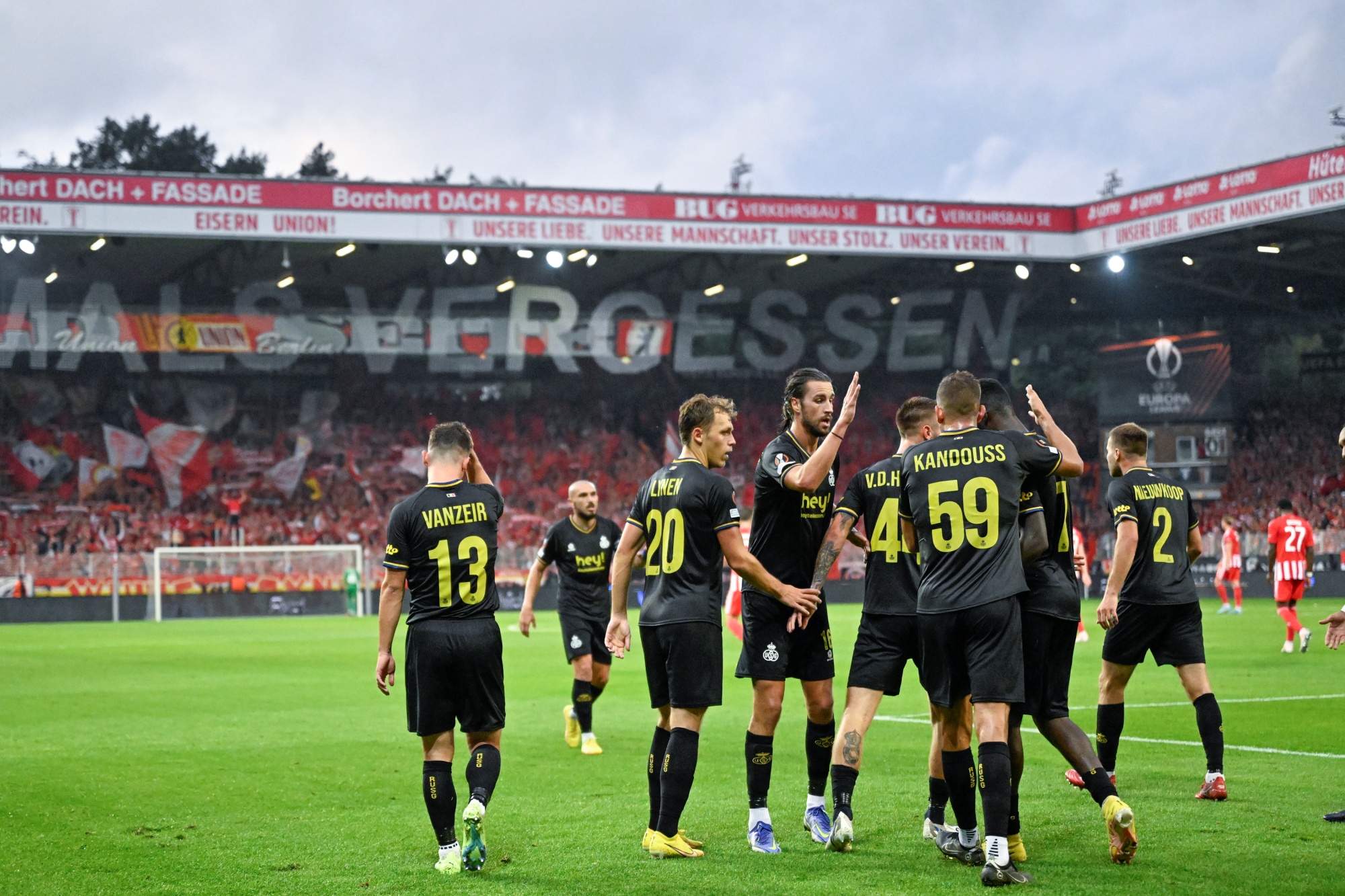 Union's Senne Lynen celebrates with his teammates after scoring during a match between FC Union Berlin and Belgian soccer team Royale Union Saint-Gilloise, Thursday 08 September 2022 in Berlin, the first game out of six in the group stage of the UEFA Europa League competition. BELGA PHOTO LAURIE DIEFFEMBACQ