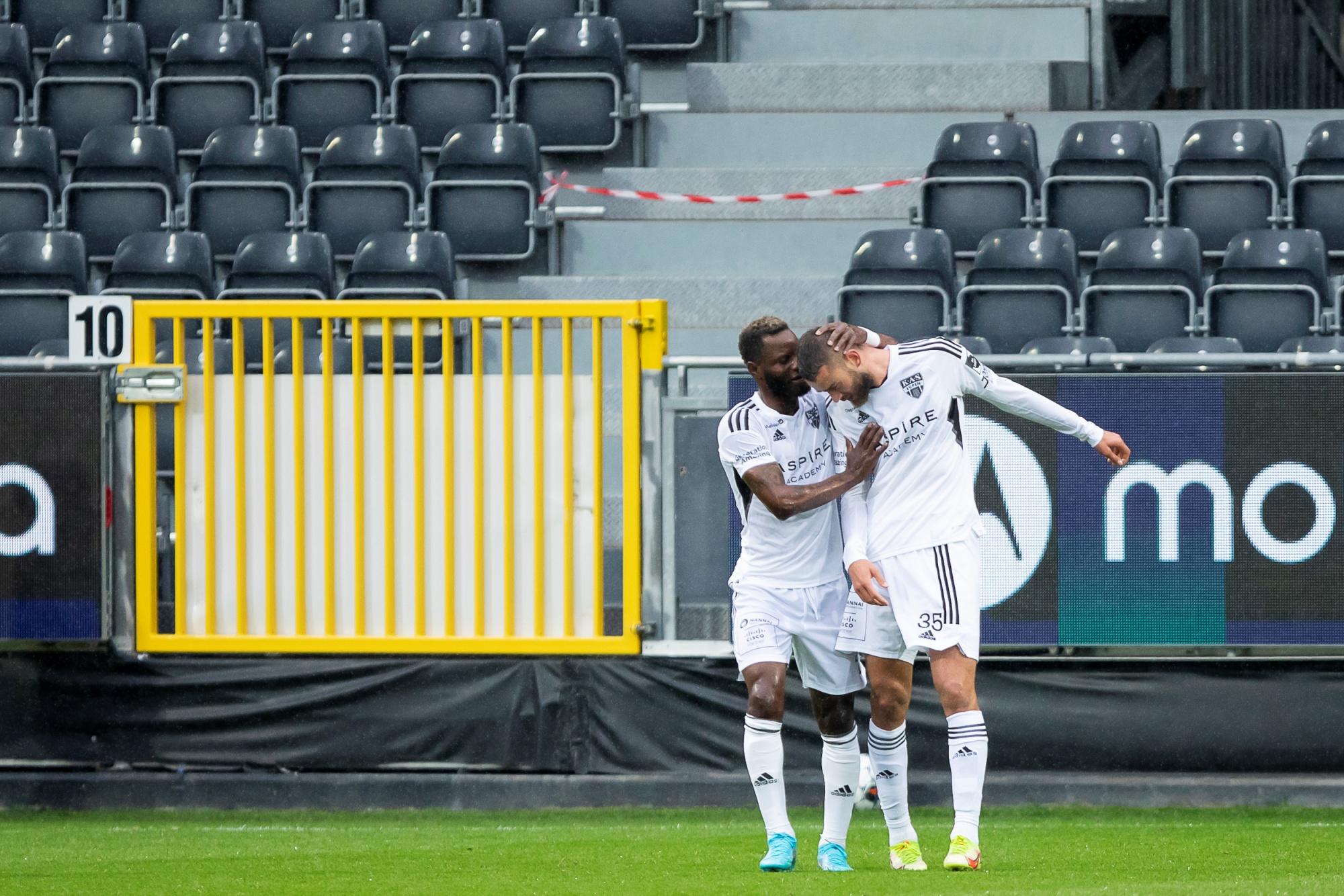 Eupen's Boris Lambert celebrates with a teammate after scoring during a soccer match between KAS Eupen and RUSG Royale Union Saint-Gilloise, Sunday 18 September 2022 in Eupen, on day 9 of the 2022-2023 'Jupiler Pro League' first division of the Belgian championship. BELGA PHOTO KRISTOF VAN ACCOM