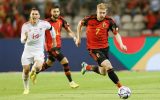 Welsh Connor Roberts and Belgium's Kevin De Bruyne fight for the ball during a soccer game between Belgian national team the Red Devils and Wales, Thursday 22 September 2022 in Brussels, game 5 (out of six) in the Nations League A group stage. BELGA PHOTO BRUNO FAHY