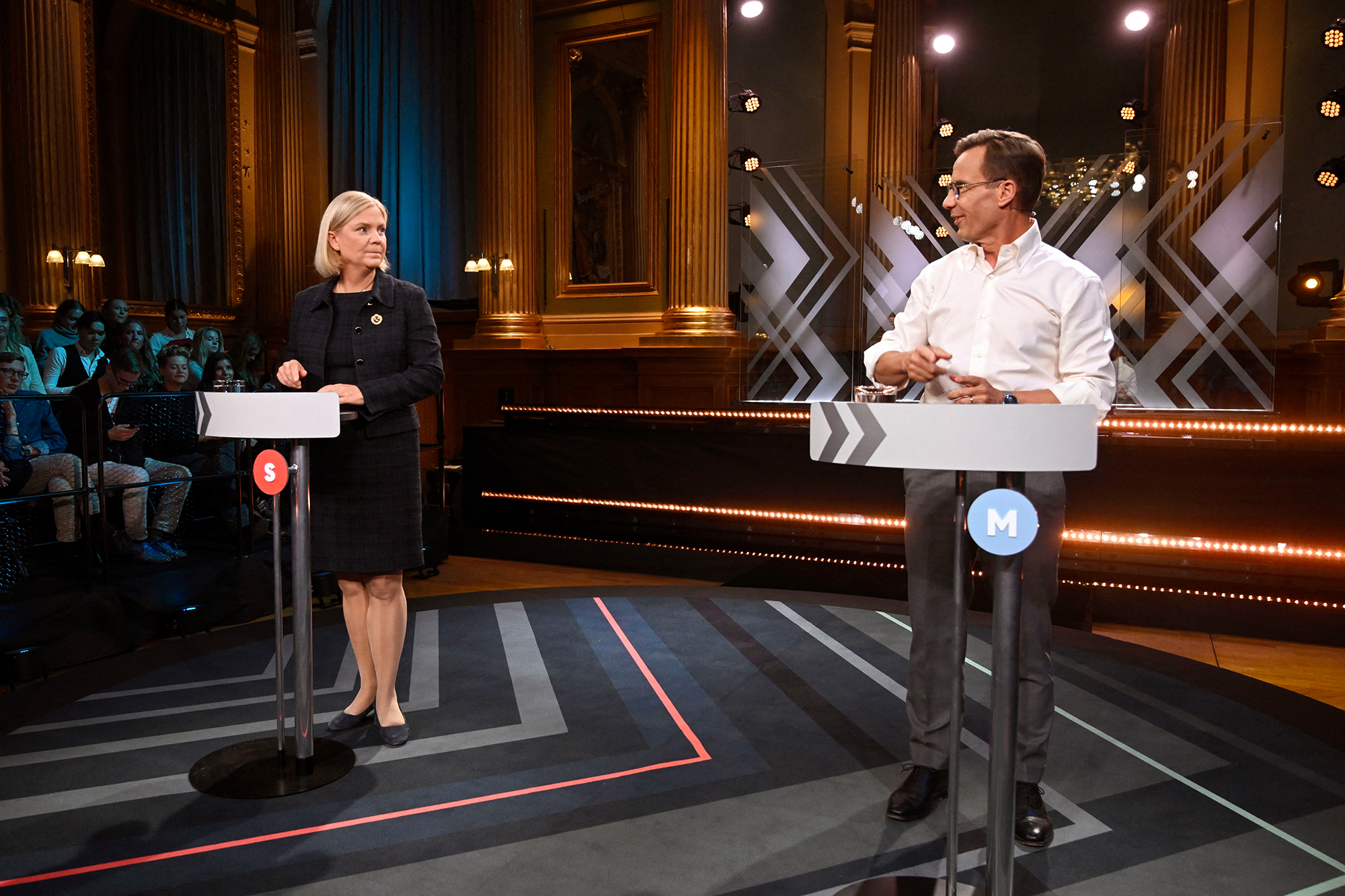Letzte Wahldebatte am Samstagabend Magdalena Andersson von den Sozialdemokraten der gemäßigte Ulf Kristersson (Bild: Fredrik Sandberg/TT News Agency/AFP)