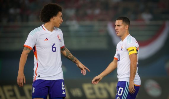 Belgium's Axel Witsel and Belgium's Eden Hazard pictured during a friendly soccer game of the Egyptian national soccer team against Belgian national soccer team the Red Devils, at Jaber Al-Ahmad International Stadium, in Ardiya, Kuwait, Friday 18 November 2022. The Red Devils are in Kuwait to prepare for the upcoming Fifa 2022 World Cup in Qatar. BELGA PHOTO VIRGINIE LEFOUR