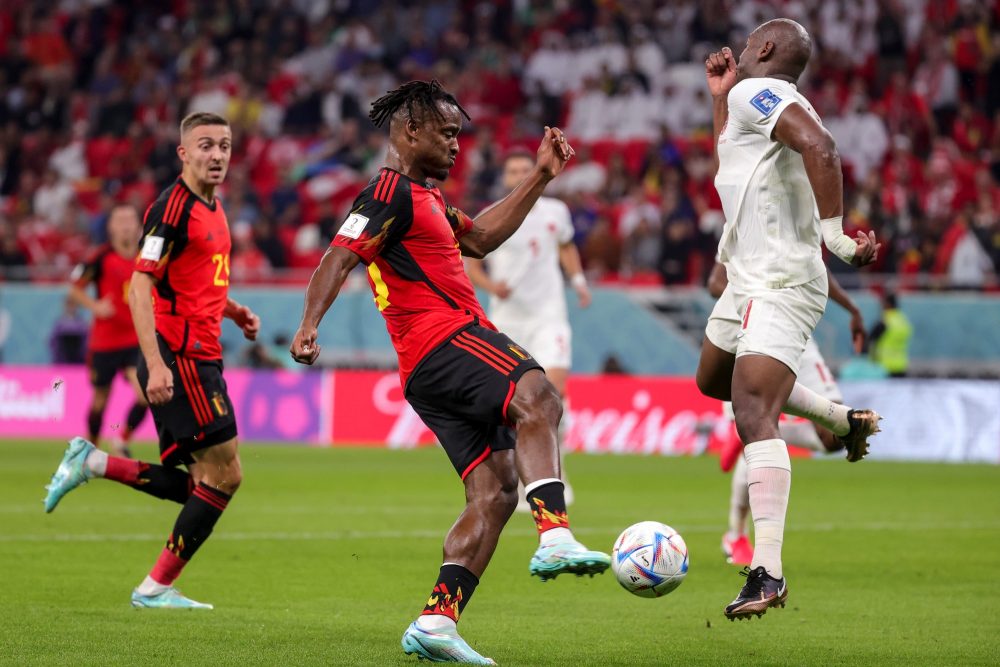 Belgium's Timothy Castagne and Belgium's Michy Batshuayi pictured in action during a soccer game between Belgium's national team the Red Devils and Canada, in Group F of the FIFA 2022 World Cup in Al Rayyan, State of Qatar on Wednesday 23 November 2022. BELGA PHOTO VIRGINIE LEFOUR