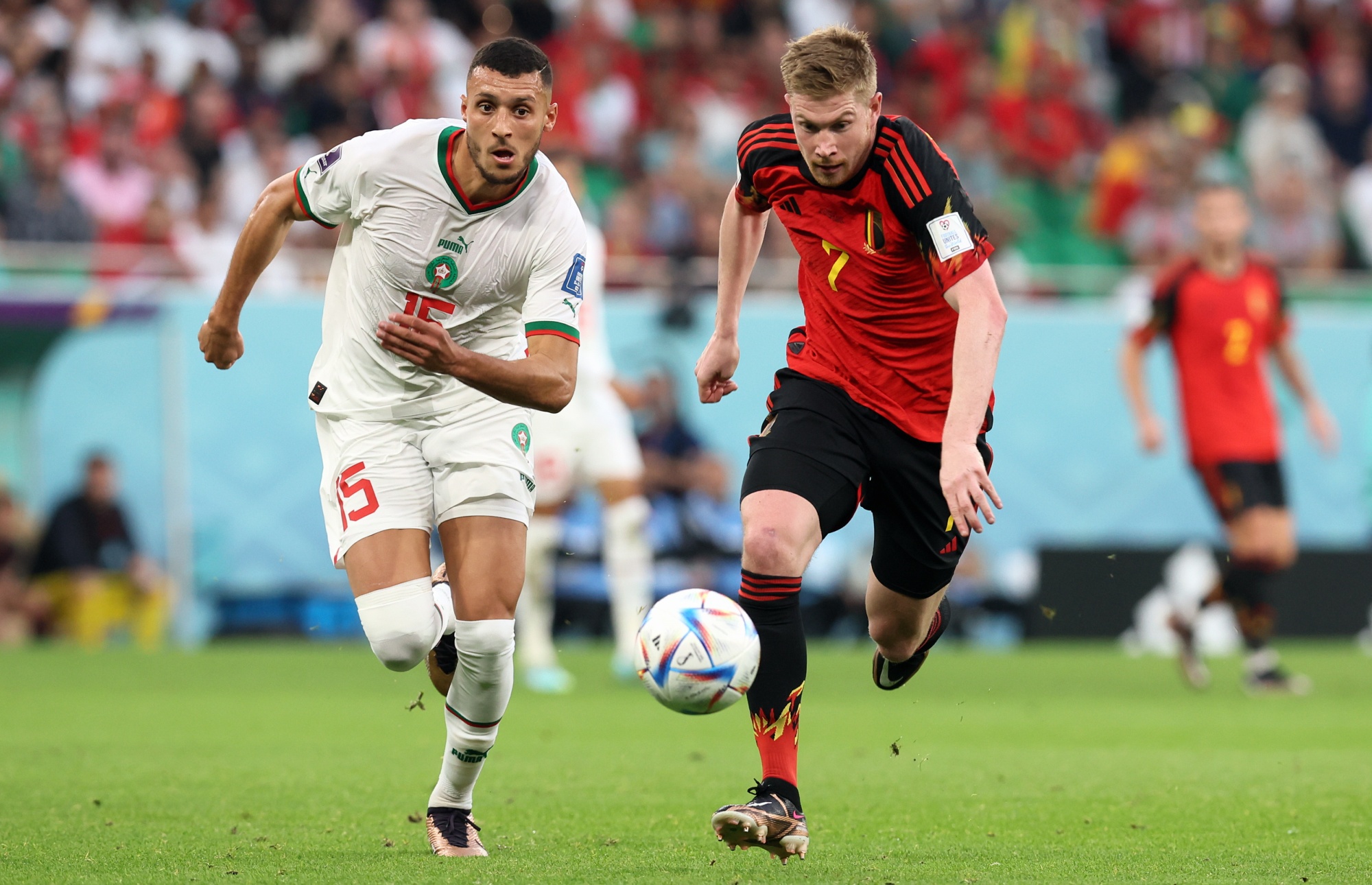 LIVE FEED - Action pictures from a soccer game between Belgium's national team the Red Devils and Morocco, in Group F of the FIFA 2022 World Cup in Al Thumama Stadium, Doha, State of Qatar on Sunday 27 November 2022. BELGA PHOTO BRUNO FAHY