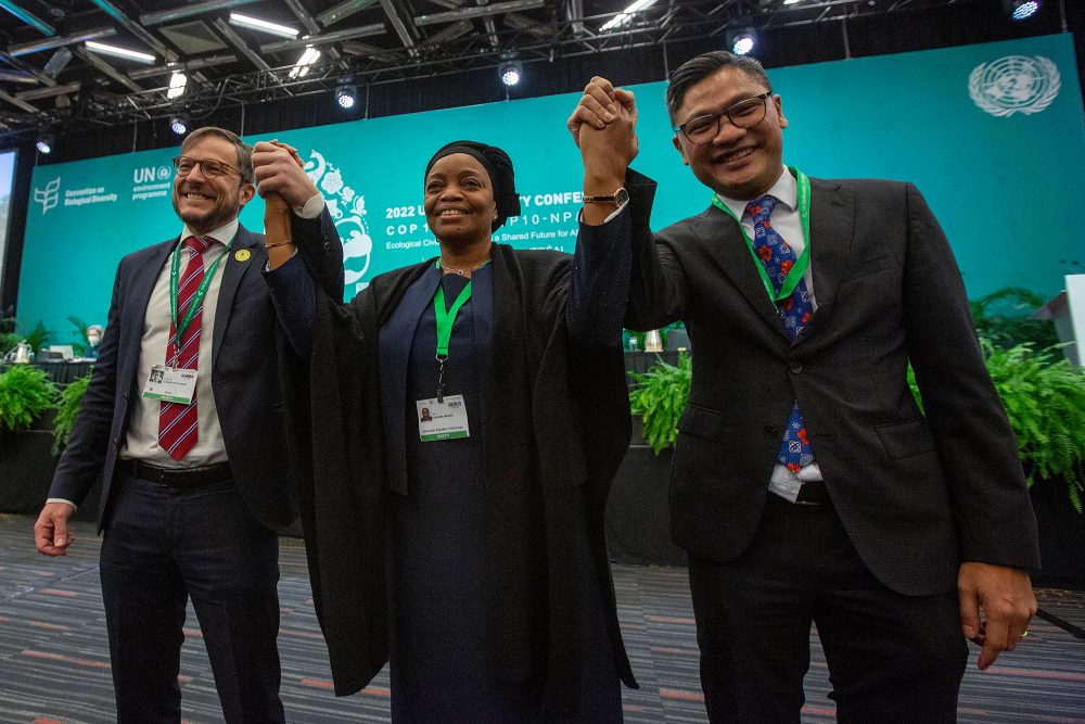 Vertreter aus Brasilien, der Demokratischen Republik Kongo und Indonesien beim Weltnaturgipfel in Montreal (Bild: Lars Hagberg/AFP)