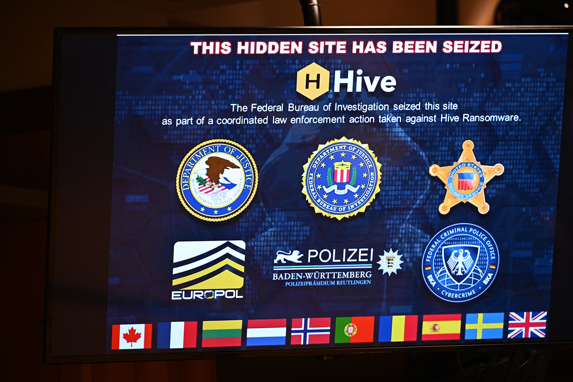 Hinweis auf eine beschlagnahmte versteckte Website im Rahmen der Zerschlagung des "Hive-Ransomware"-Netzwerks (Bild: Mandel Ngan/AFP)