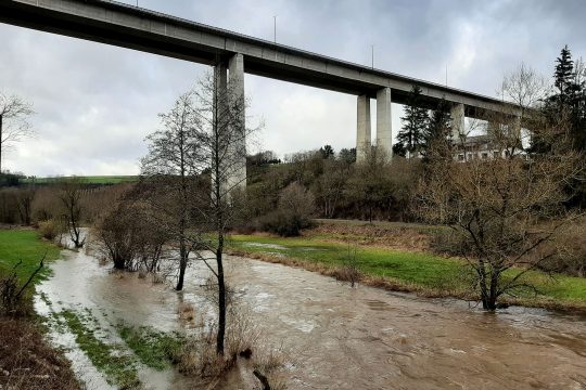 Hoher Pegelstand auch an der deutsch-belgischen Grenze in Steinebrück (Bild: Michaela Brück/BRF)